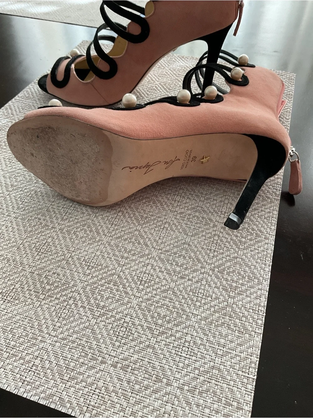 Isa Tapia Pink Suede Pearl‑Embellished High Heel Sandals